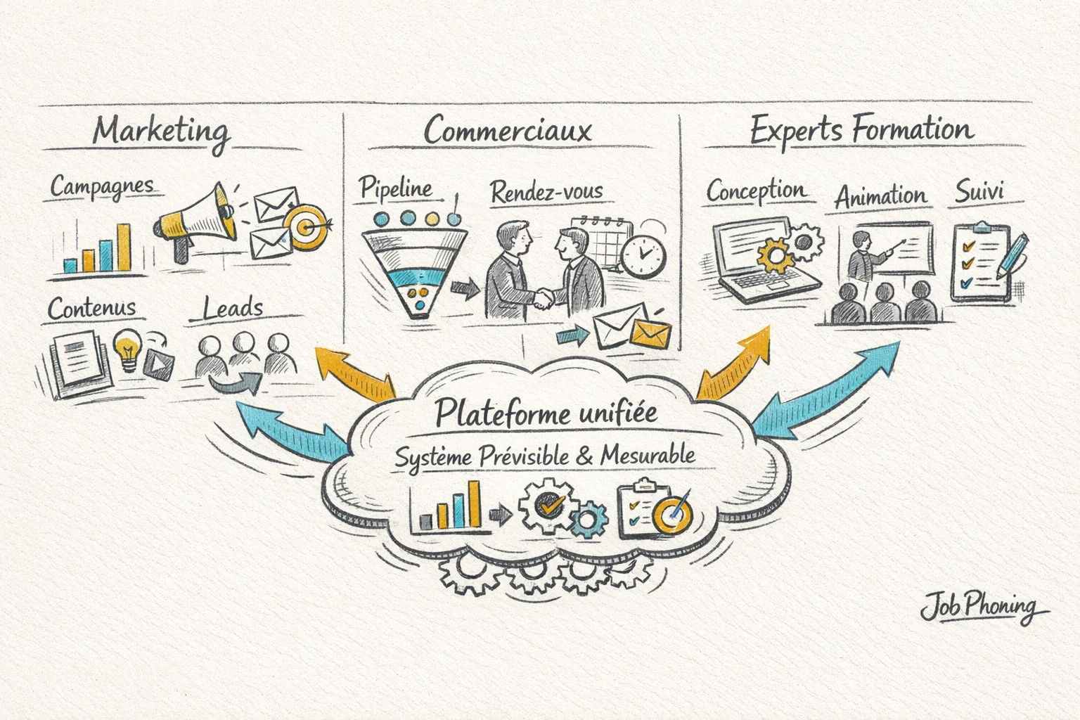 Infographie représentant la coordination de la prospection formation via hub central et trois pôles reliés