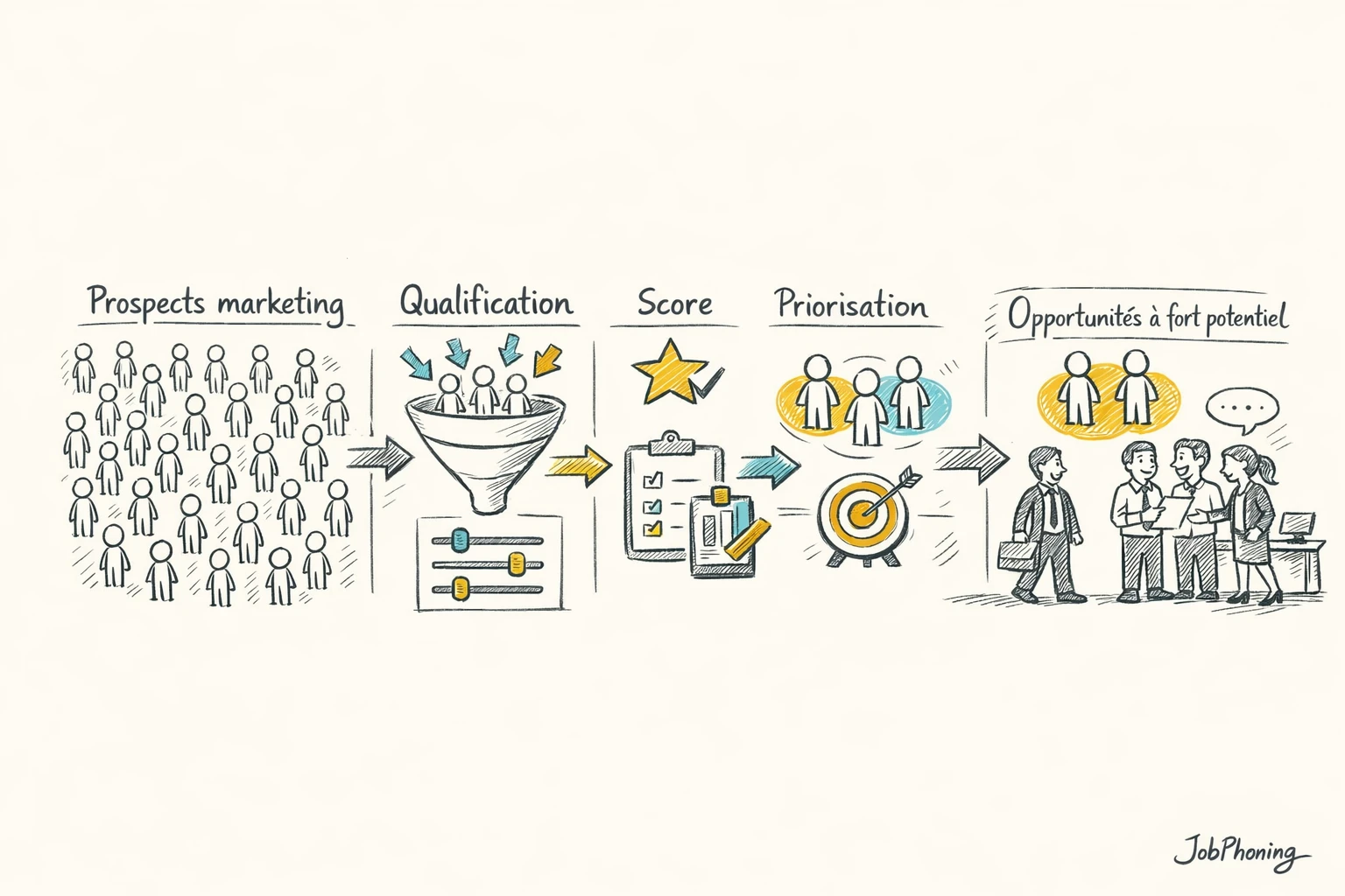 Schéma représentant un processus de leads qualifiés via enchaînement de blocs reliés par des flèches