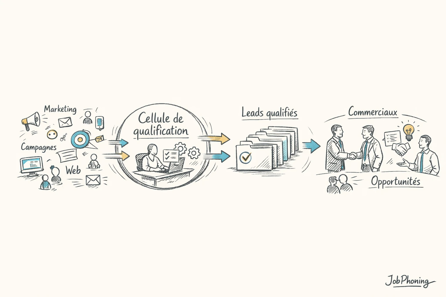 Infographie représentant la coordination marketing-vente via colonne centrale et nœuds reliés