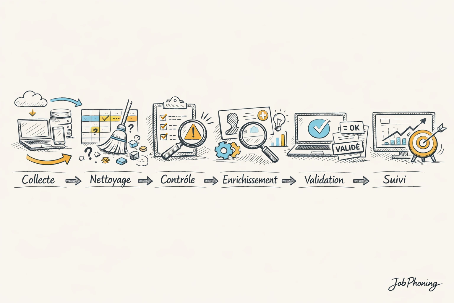 Schéma représentant l’audit d’une base B2B via blocs séquentiels reliés par des flèches.