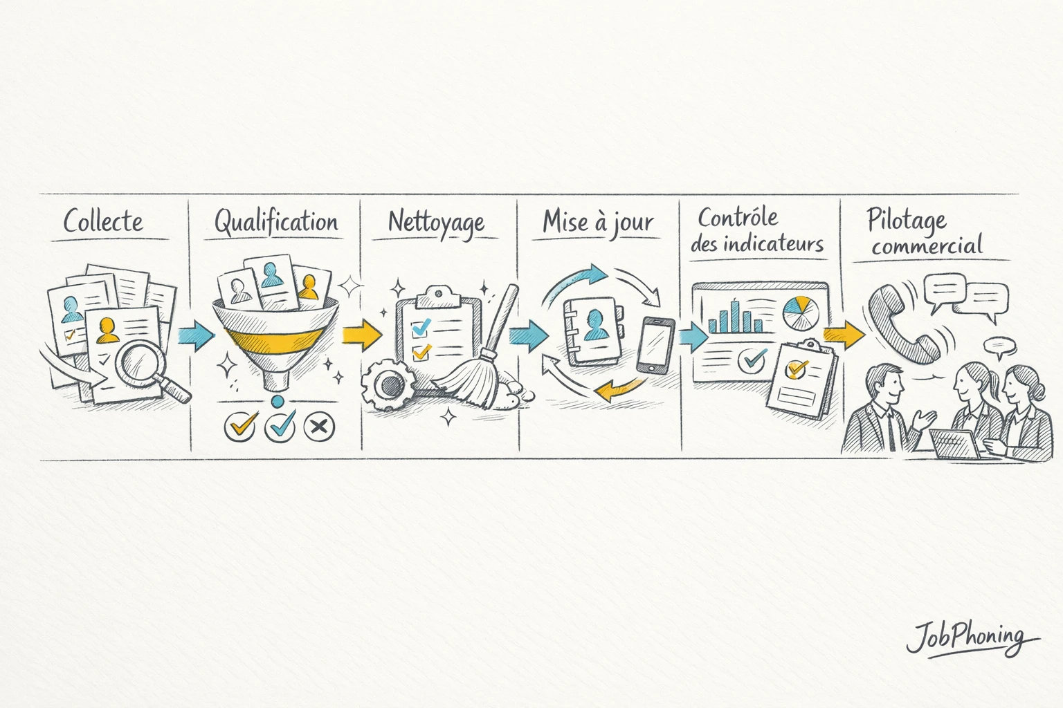 Schéma représentant l’organisation d’un fichier téléphonique B2B via blocs successifs reliés par des flèches.