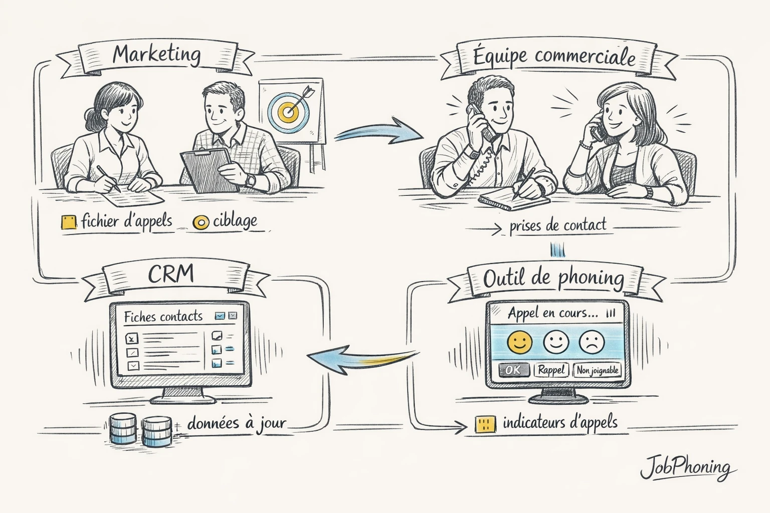 Schéma représentant le cycle d’un fichier d’appels via blocs reliés en boucle.