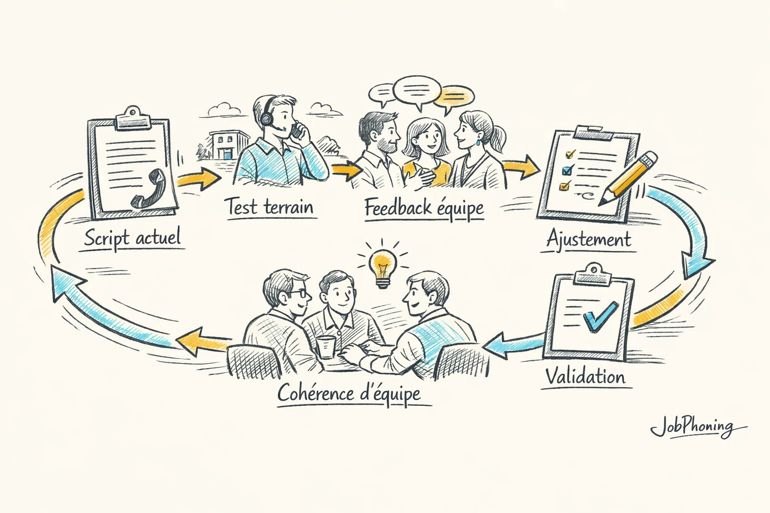 Schéma représentant l’optimisation d’un script téléphonique via enchaînement de blocs reliés par des flèches.