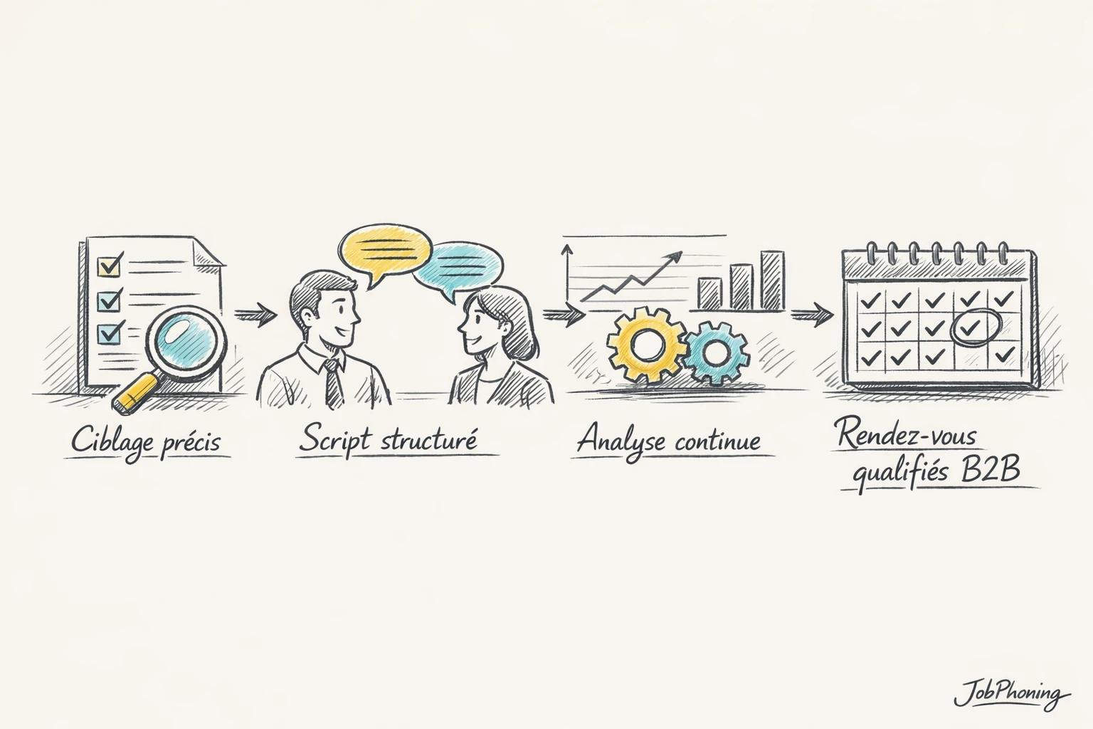 Infographie représentant l’organisation d’un script de prospection via pipeline, blocs de conversation et boucle d’analyse.