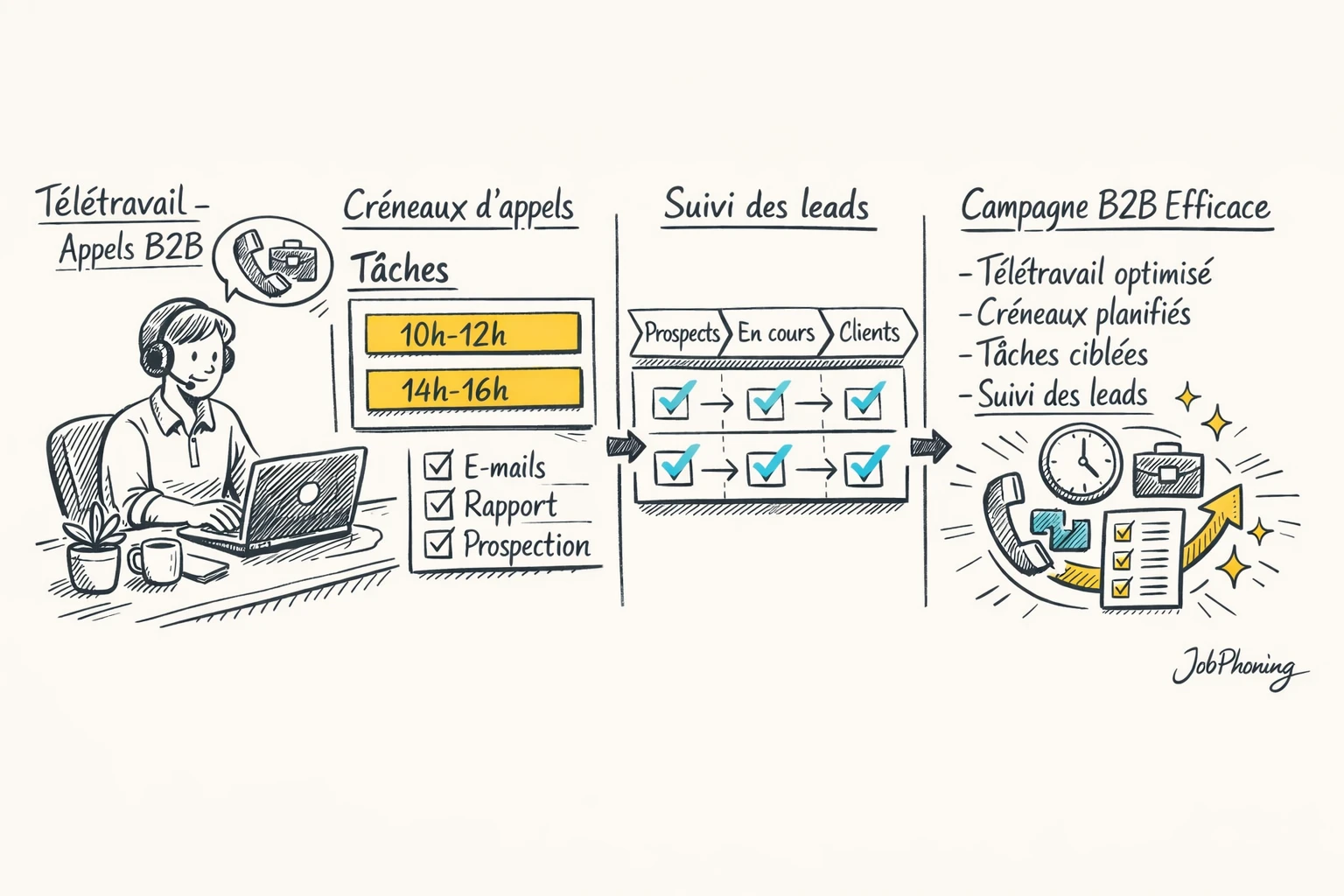 Schéma représentant l’organisation du télétravail commercial via hub central, calendrier, blocs de tâches et entonnoir