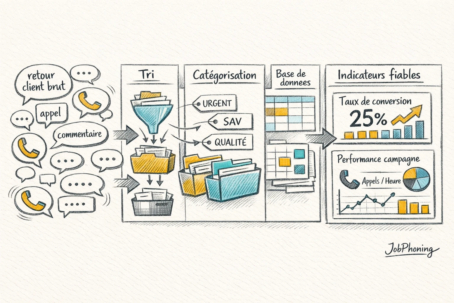 Schéma représentant le flux de traitement des avis clients via blocs et flèches colorés.