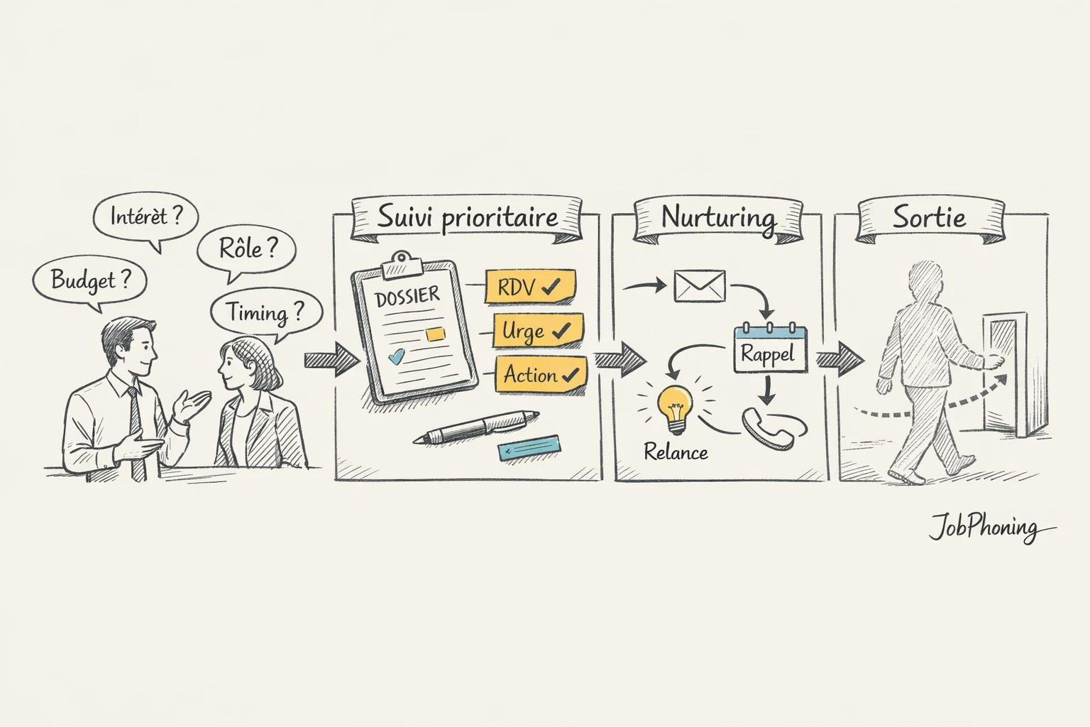 Schéma représentant la qualification rapide d’un prospect via blocs reliés en séquence et flèches directionnelles.