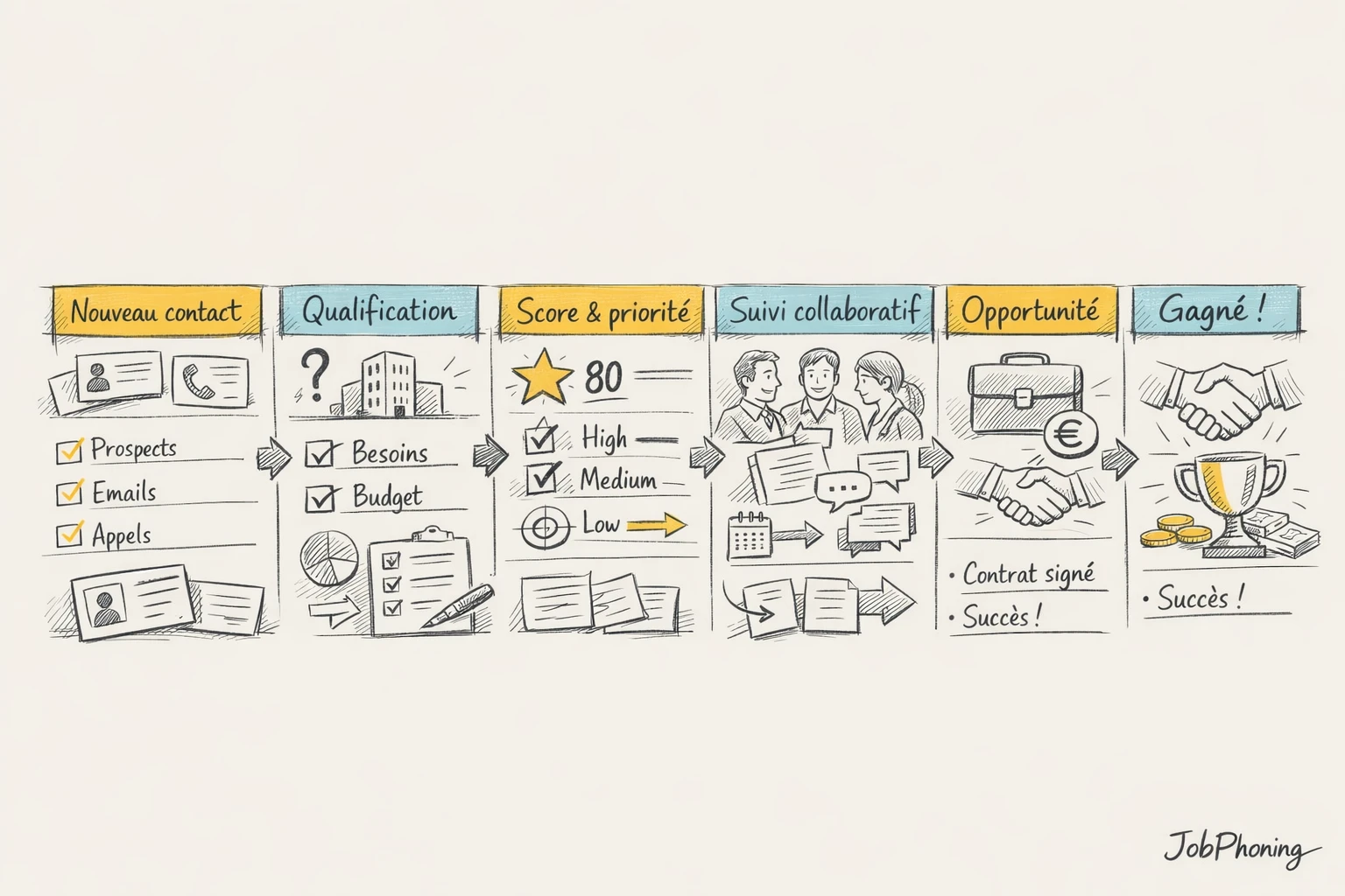 Schéma représentant la qualification des leads via un pipeline CRM segmenté et des flux de
