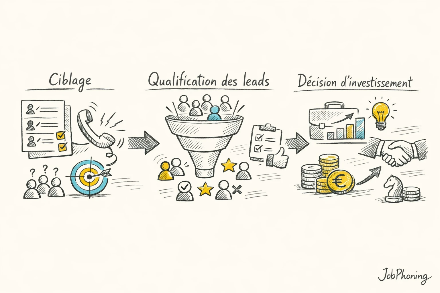 Schéma représentant l’évaluation d’une campagne téléphonique via plusieurs blocs reliés illustrant chaque étape clé.