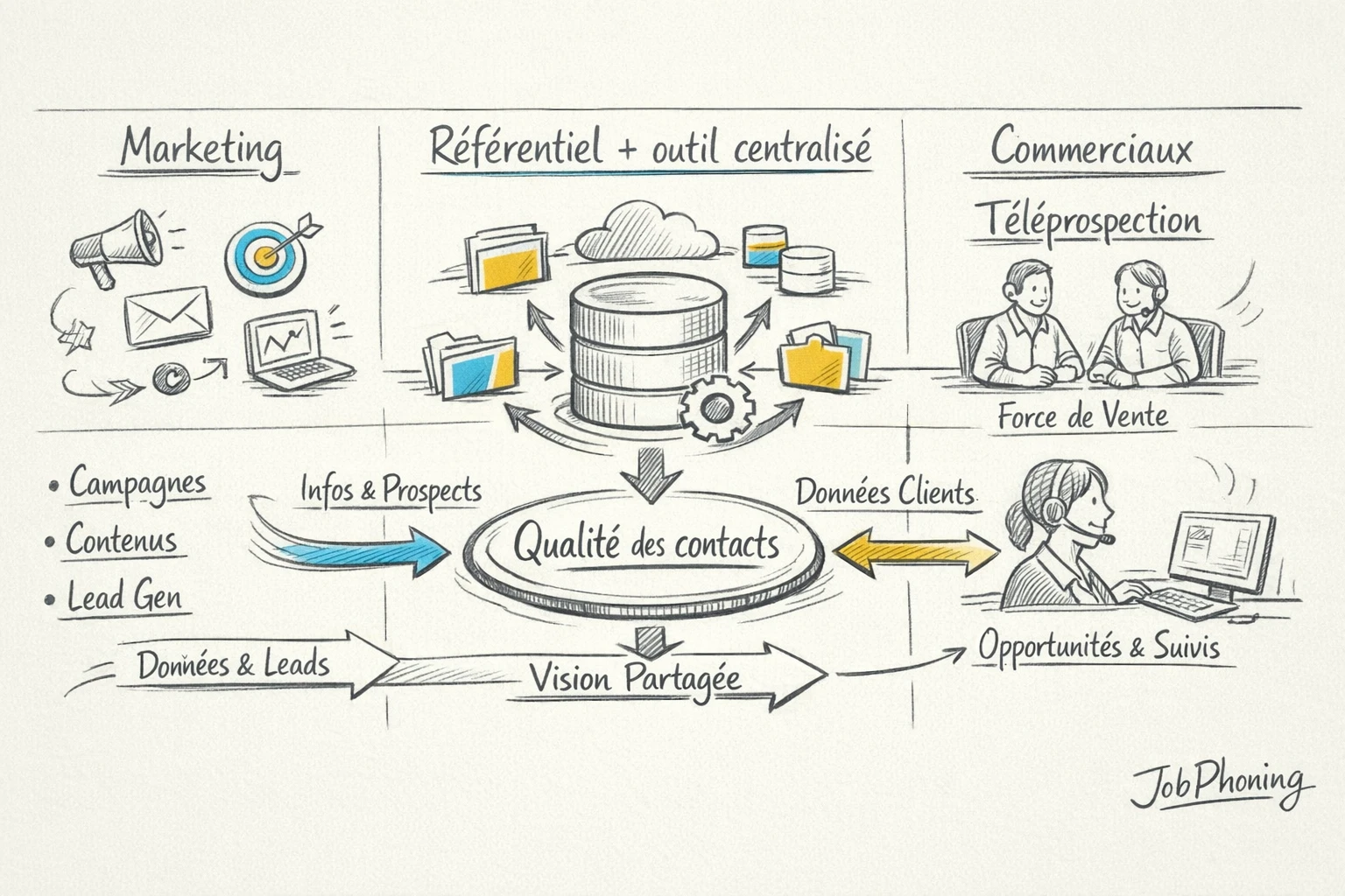 Schéma représentant l’harmonisation de l’évaluation des contacts via hub central, cartes abstraites et entités reliées.