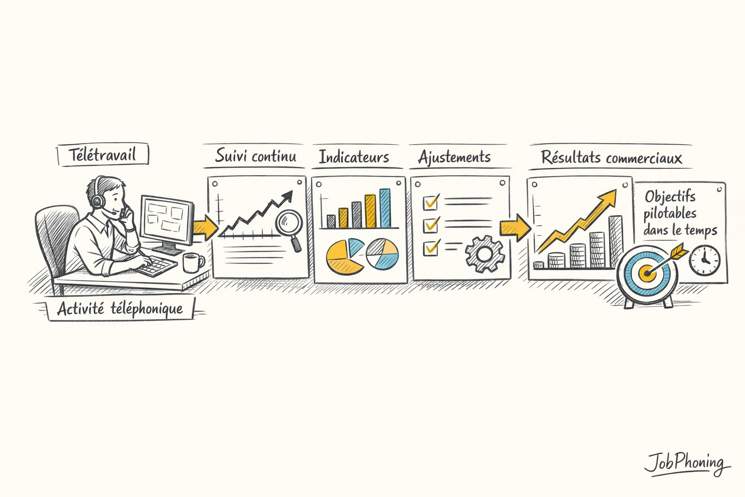 Schéma représentant le suivi des performances à distance via blocs reliés et flèches séquentielles.