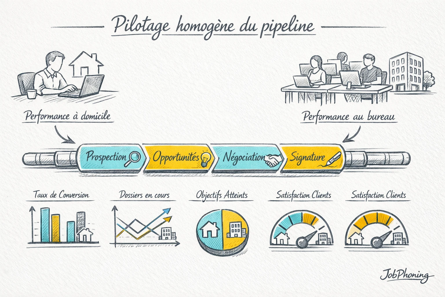 Infographie représentant l’intégration du télétravail commercial via pipeline central connecté à maisons et bureaux stylisés.