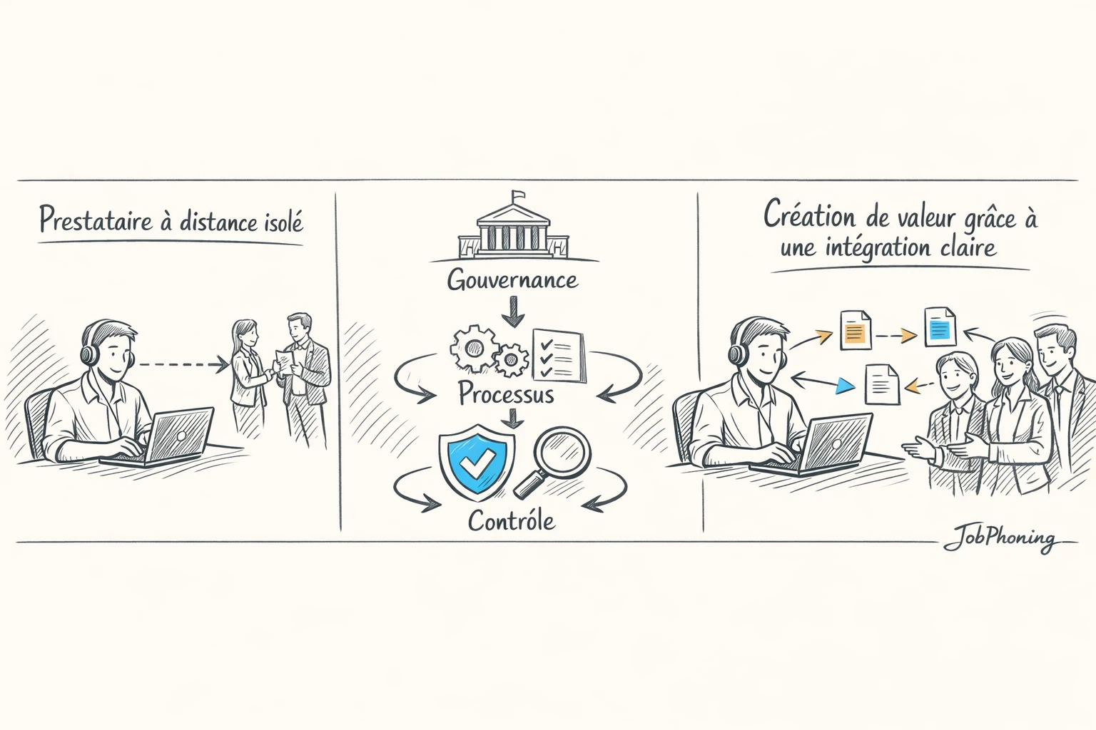 Infographie représentant l’intégration d’un prestataire distant via chaîne centrale et blocs de contrôle géométriques