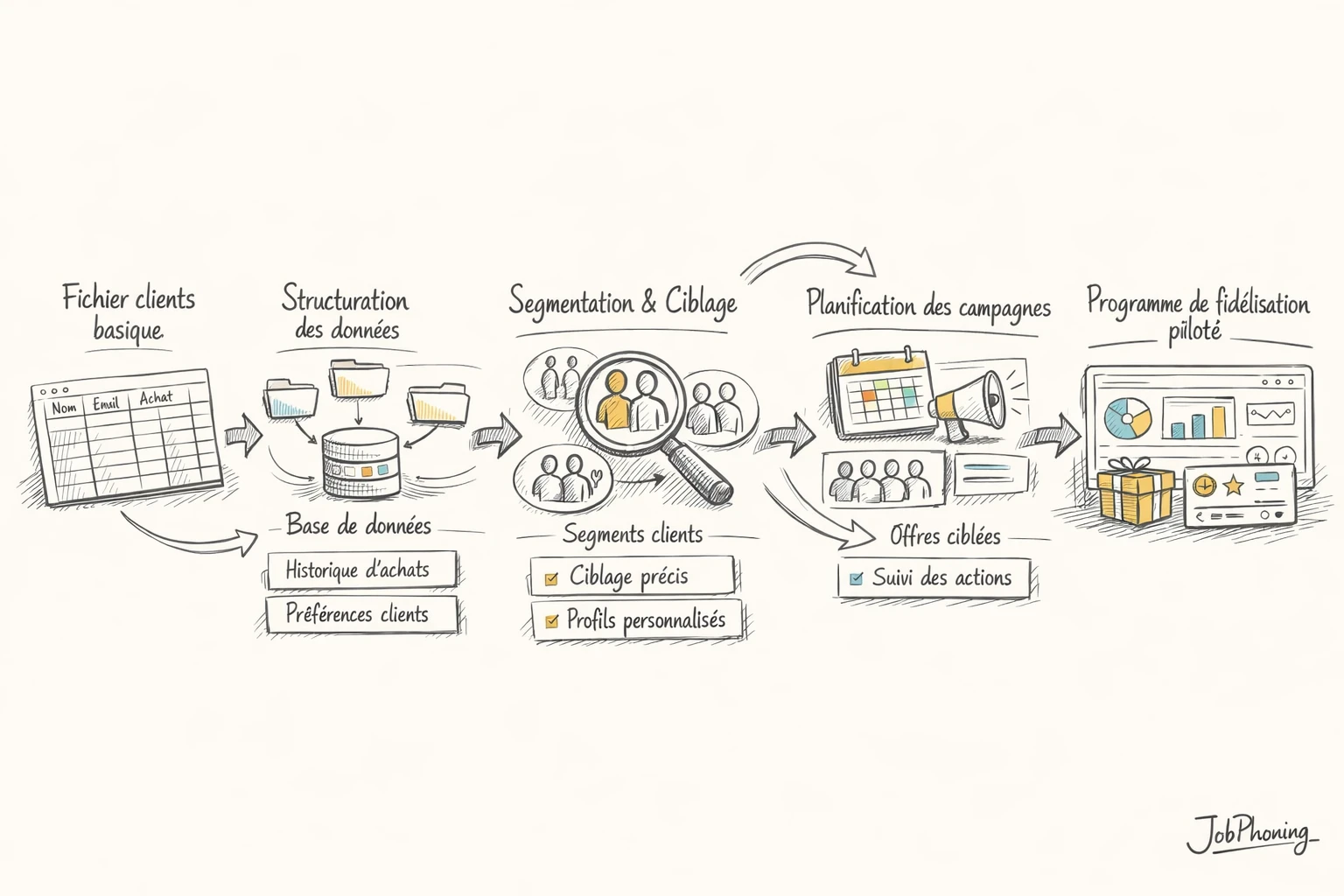 Schéma représentant la transformation d’un fichier clients en dispositif de fidélisation via blocs et flèches