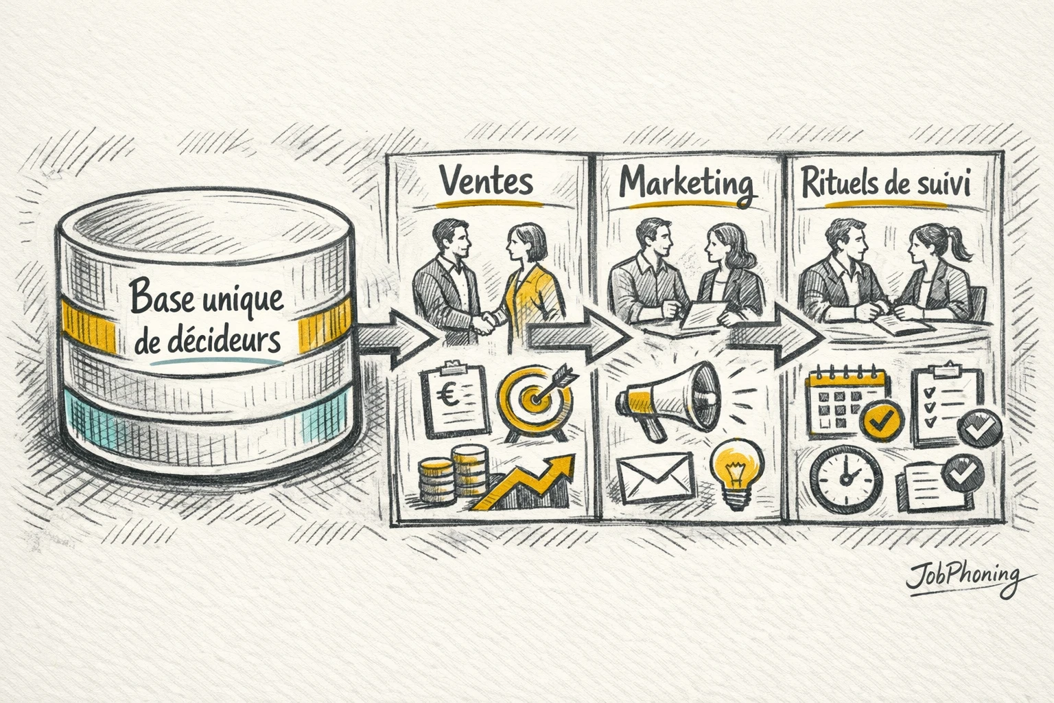 Schéma représentant l’intégration d’une base de décideurs via un noyau central connecté à plusieurs blocs