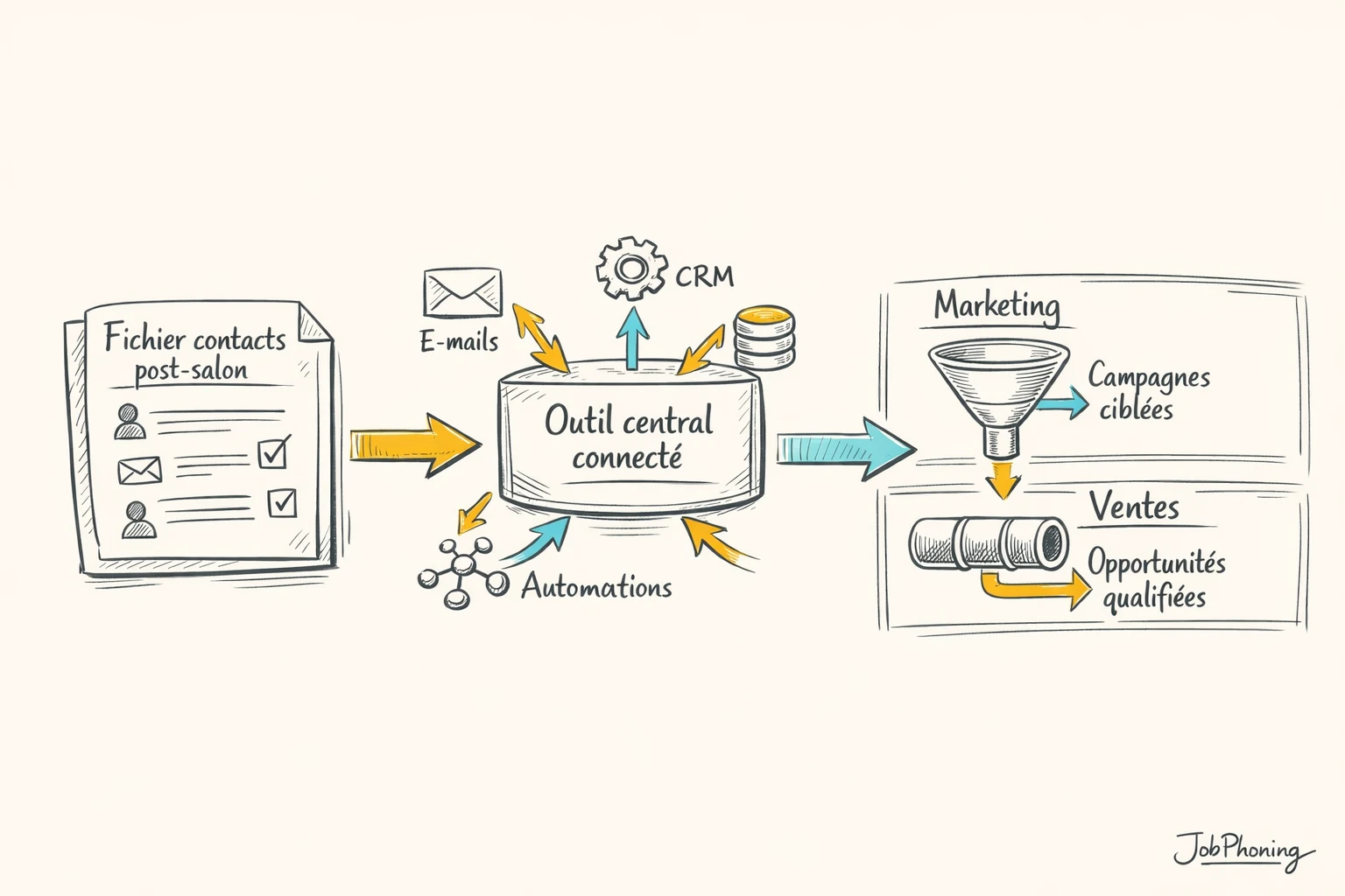 Infographie représentant l’intégration des contacts post-salon via pipeline central, modules CRM, emailing et ventes interconnectés.