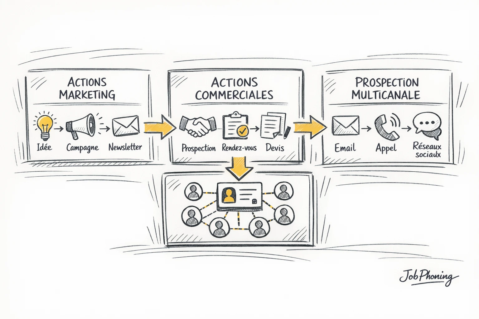 Schéma représentant l’orchestration d’un fichier de prospection via un noyau central connecté à plusieurs blocs