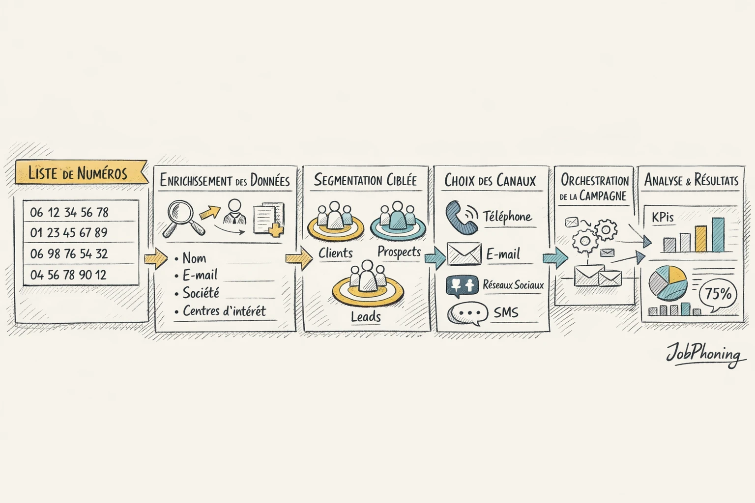Schéma représentant la structuration d’un fichier téléphone B2B via blocs reliés et flèches séquentielles.