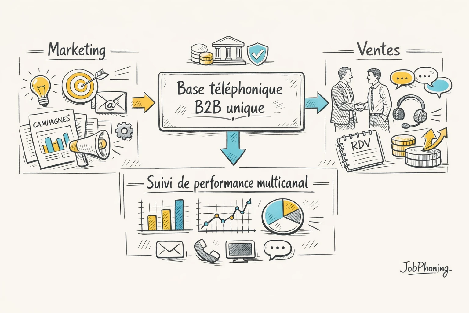 Schéma représentant une base téléphonique centralisée via cylindre connecté à blocs marketing, ventes, téléopérateurs et