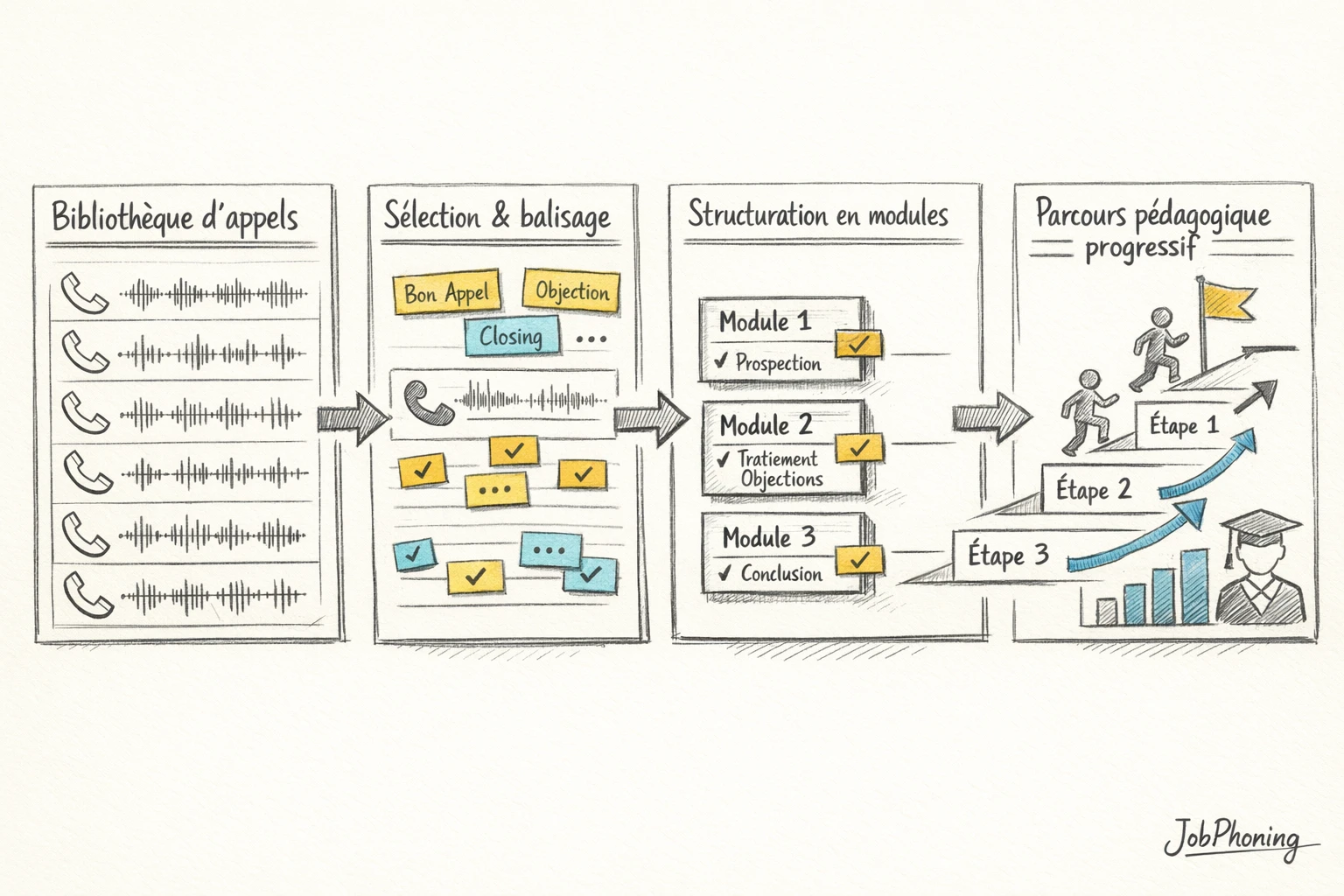 Schéma représentant la transformation d’audios d’appels en parcours de formation via blocs séquencés reliés par