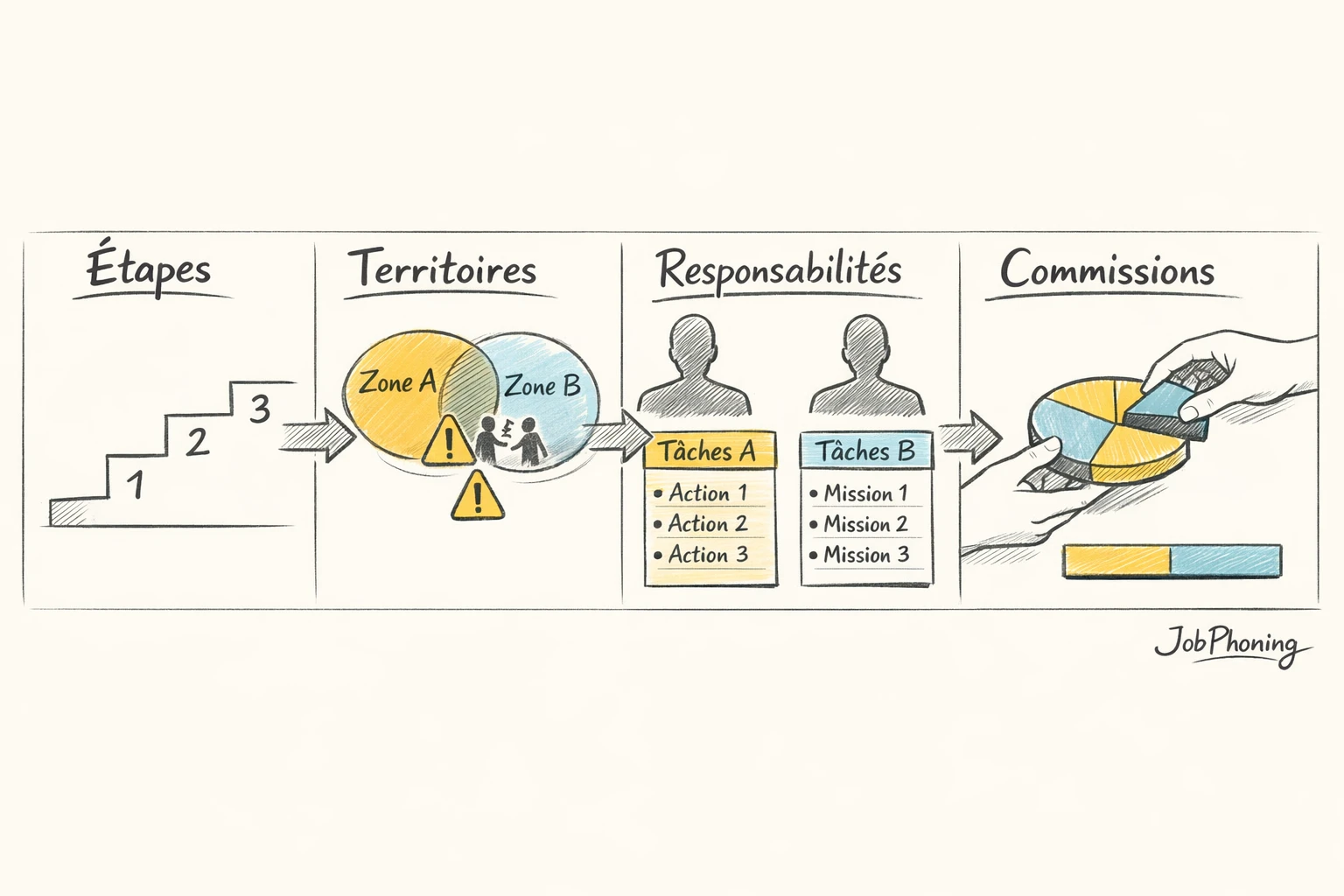 Schéma représentant l’organisation de l’externalisation commerciale via étapes reliées, blocs et flèches géométriques.