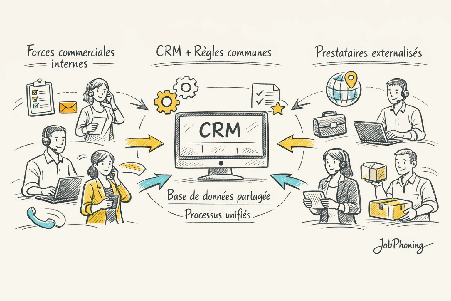 Infographie représentant coordination commerciale via hub central et blocs symétriques reliés