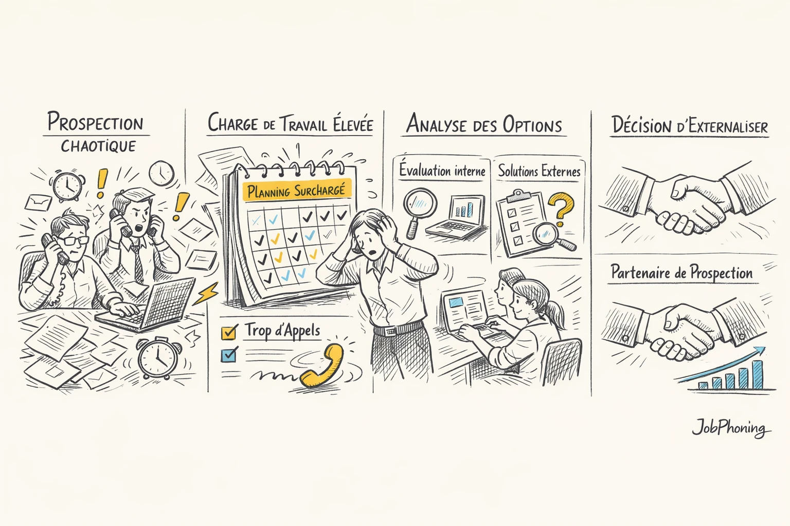 Schéma représentant la décision d’externaliser la prospection via un enchaînement de blocs reliés et flèches
