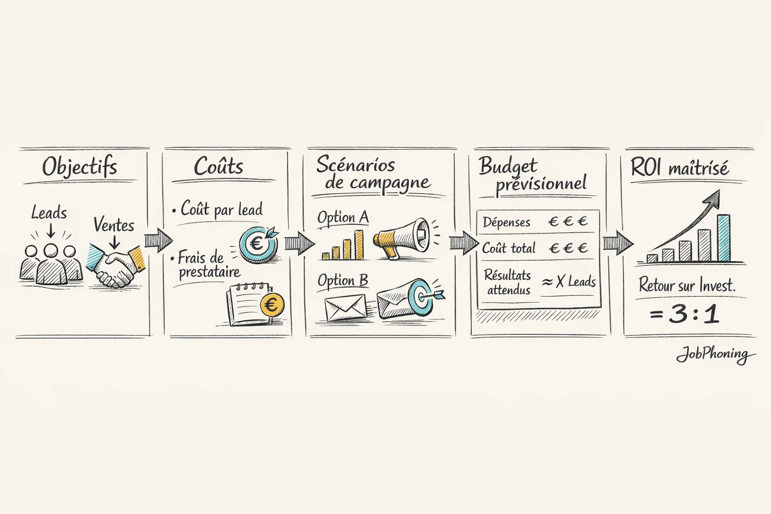 Schéma représentant la construction d’un budget de prospection via blocs reliés et flèches successives.