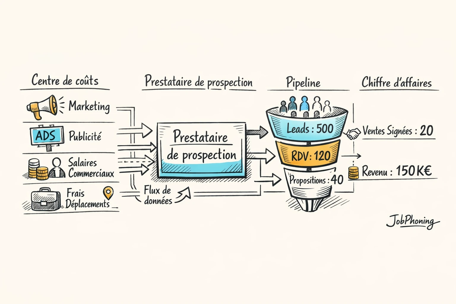 Infographie représentant l’intégration d’une prospection externalisée via entonnoir central et blocs reliés de centres de