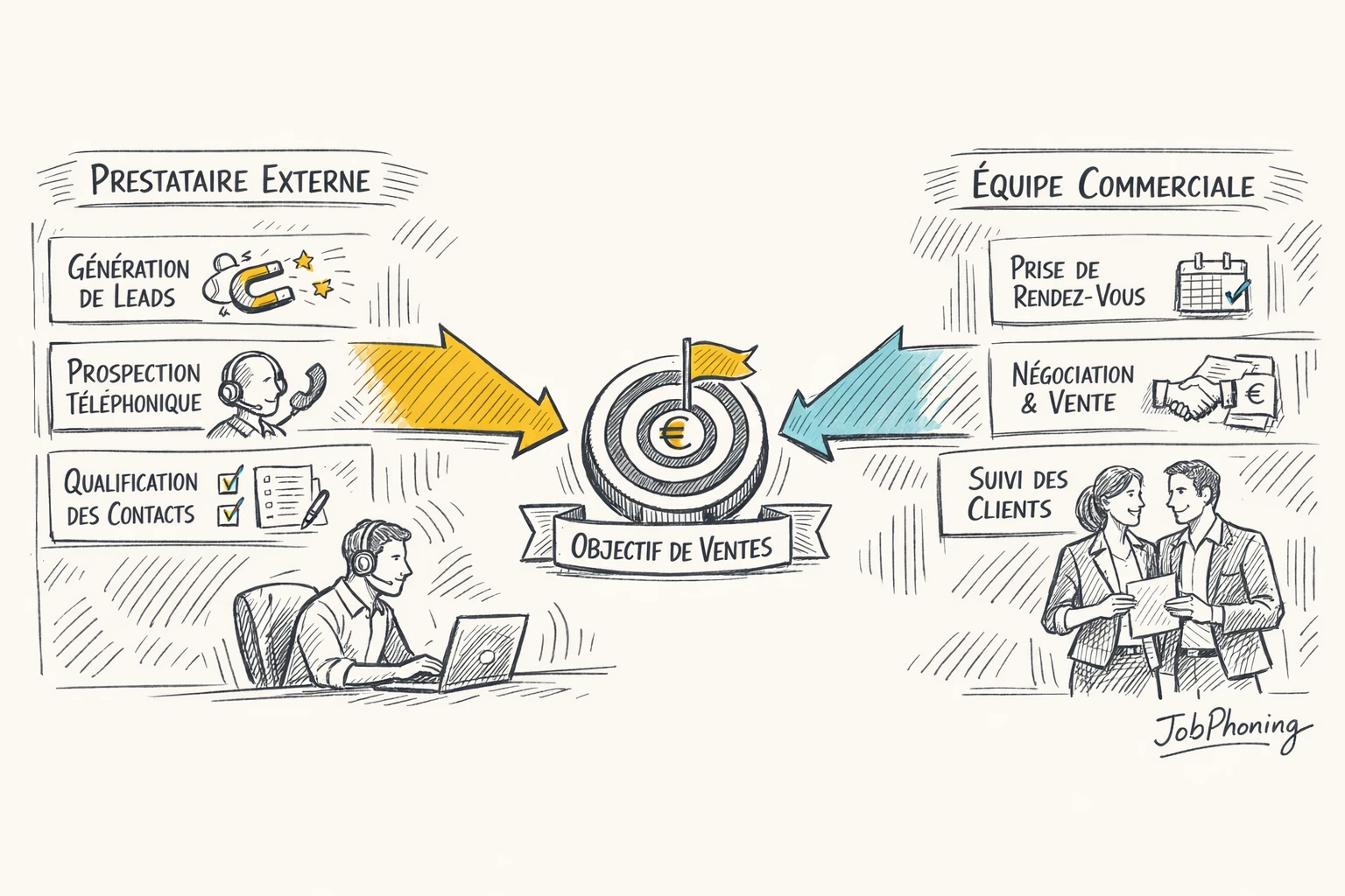 Schéma représentant la coordination prestataire-interne via deux pipelines parallèles convergeant vers une cible centrale.