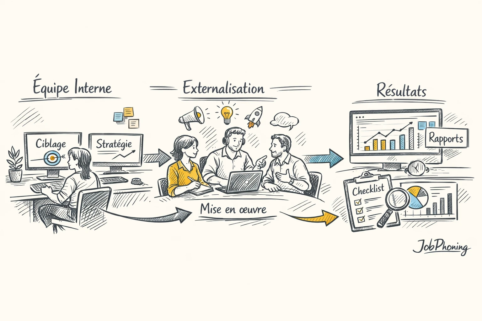 Schéma représentant l’externalisation de la prospection via blocs reliés illustrant plateforme, téléopérateurs et contrôle qualité.