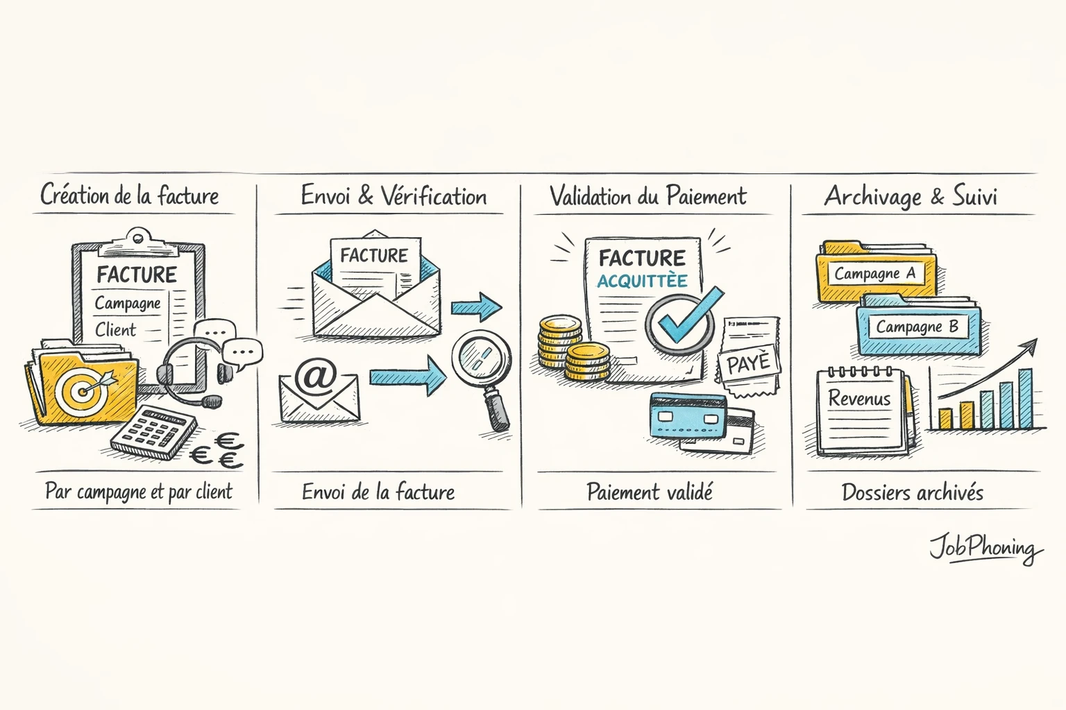 Schéma représentant le cycle de facturation téléprospection via enchaînement de blocs et flèches minimalistes bleus