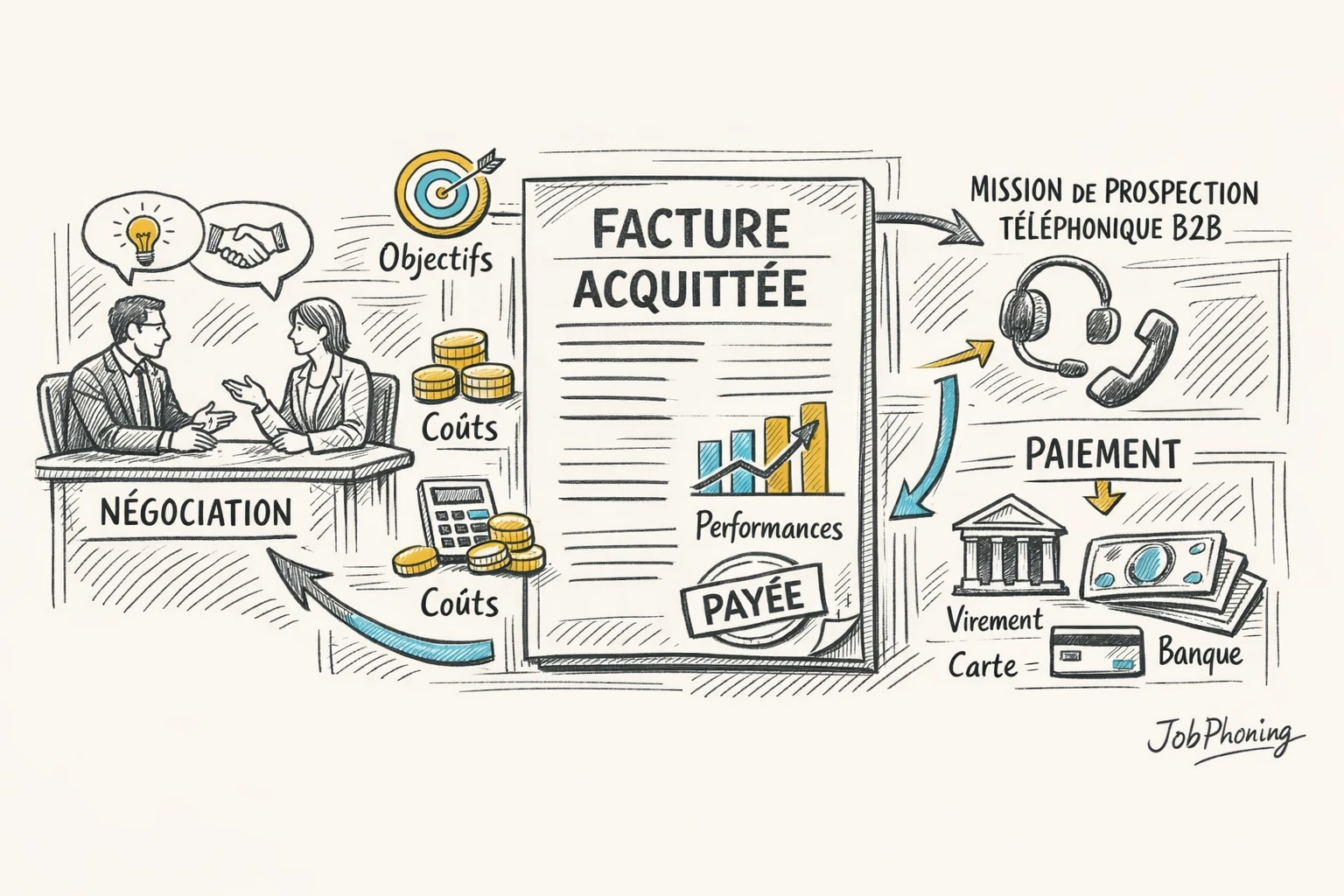 Schéma représentant le rôle d’une facture acquittée via un cercle central relié à plusieurs blocs