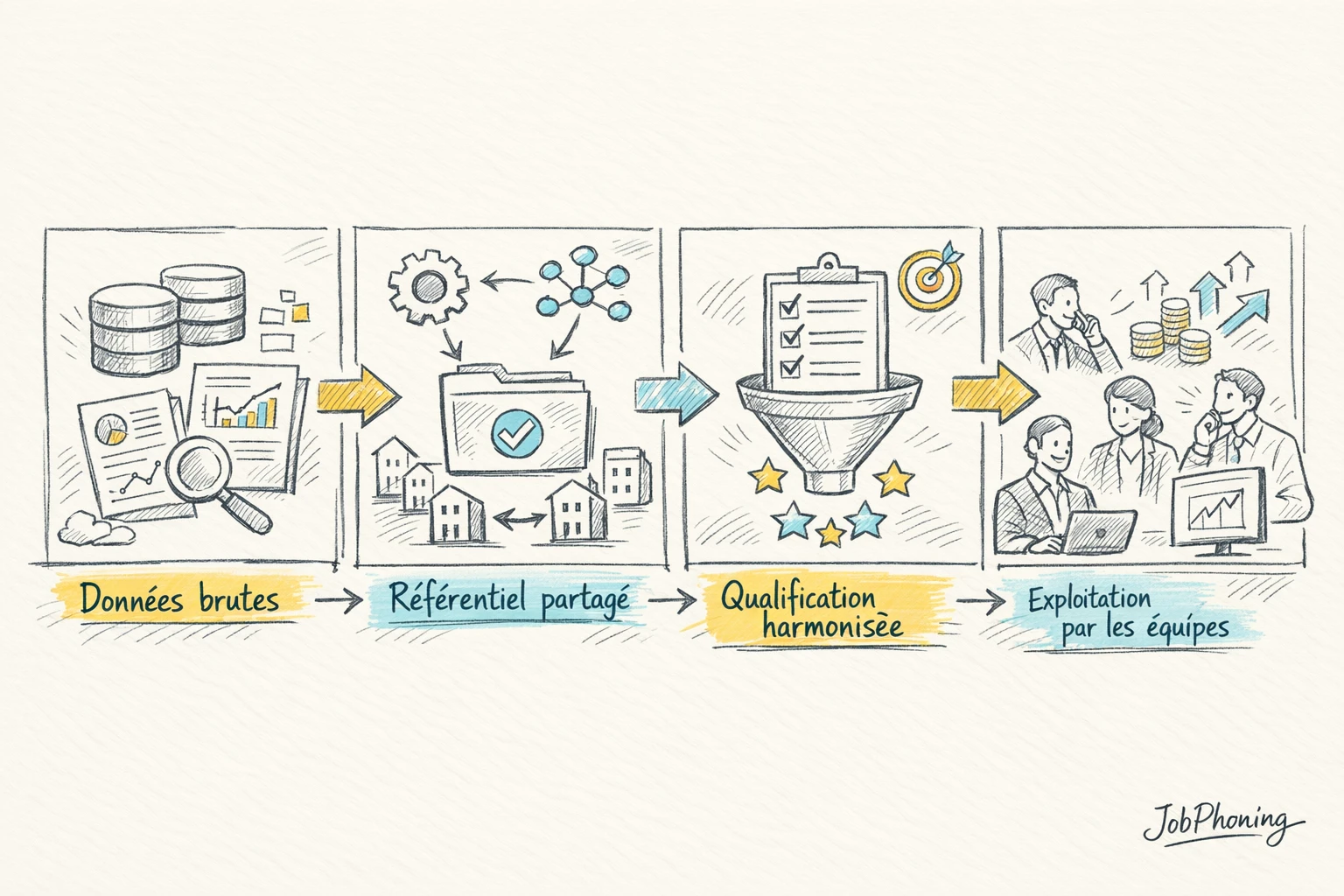 Schéma représentant un référentiel commun de qualification via blocs reliés symbolisant équipes marketing, téléprospection, ventes
