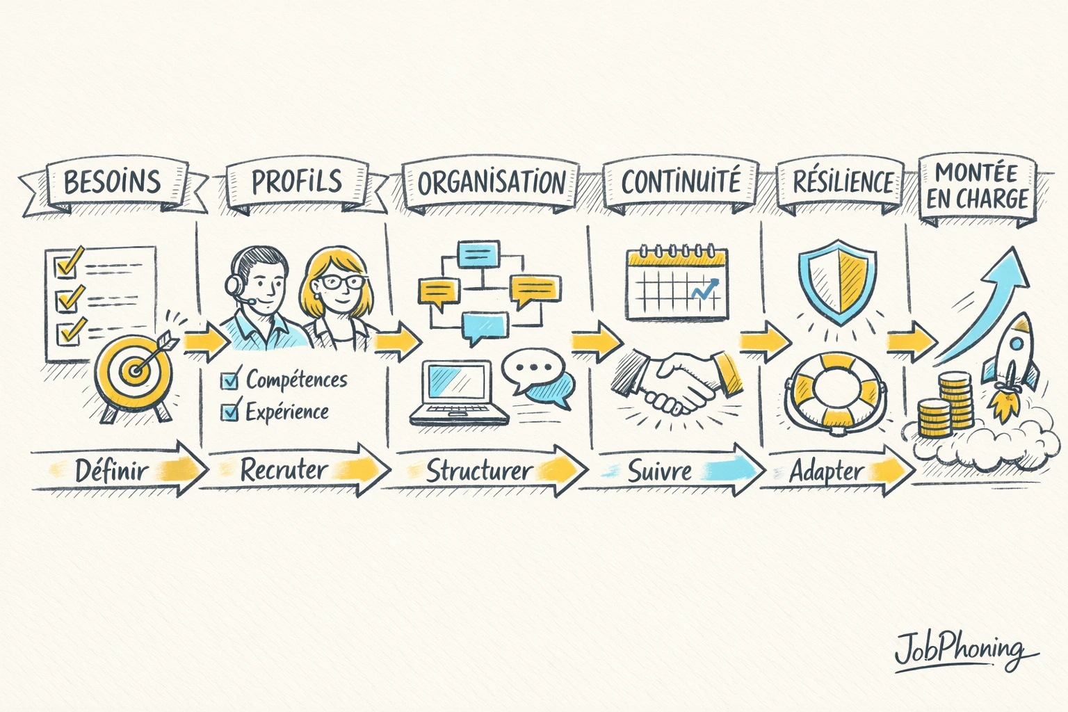 Schéma représentant la structuration d’un dispositif de freelances commerciaux via blocs reliés et flèches séquentielles.
