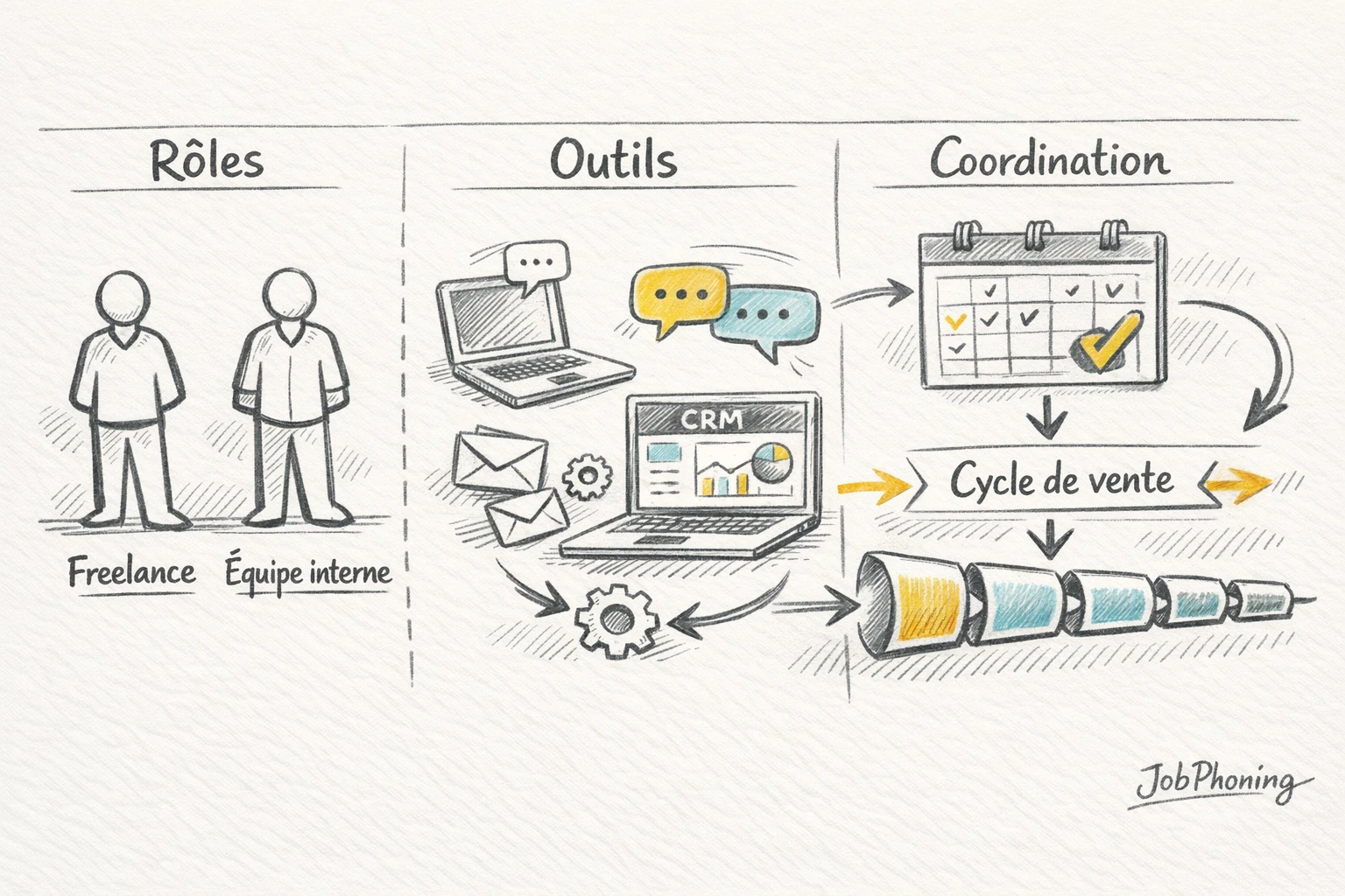Infographie représentant l’intégration de freelances commerciaux via un noyau central relié à plusieurs nœuds et
