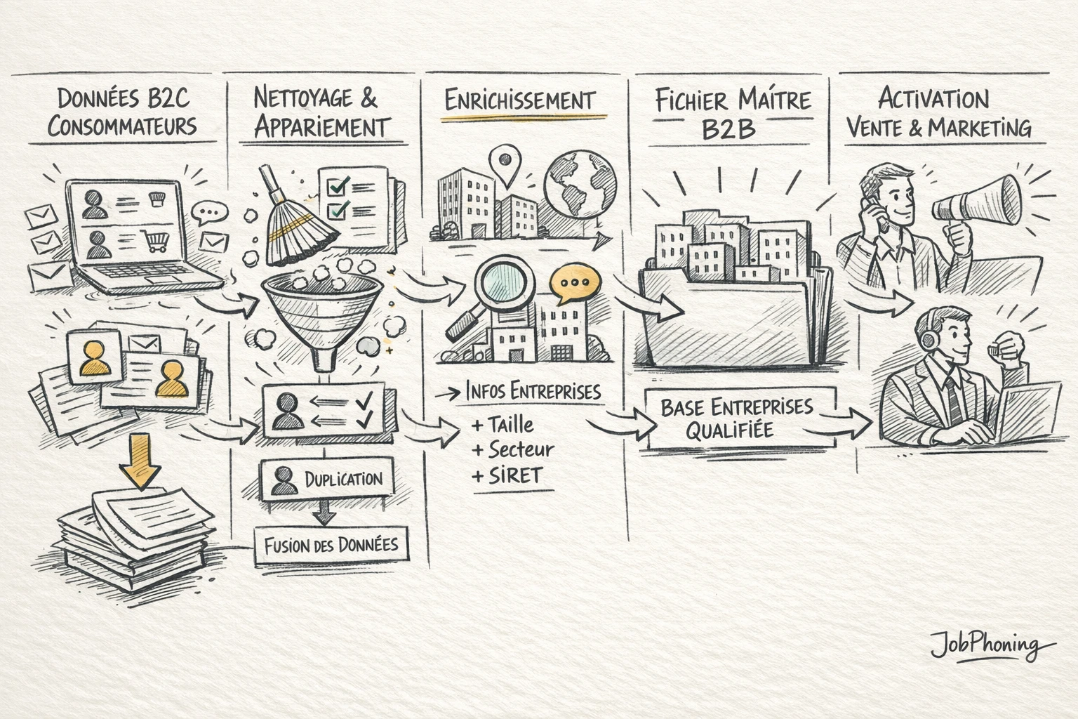 Schéma représentant la transformation d’une base B2C en fichier B2B via blocs reliés et flèches