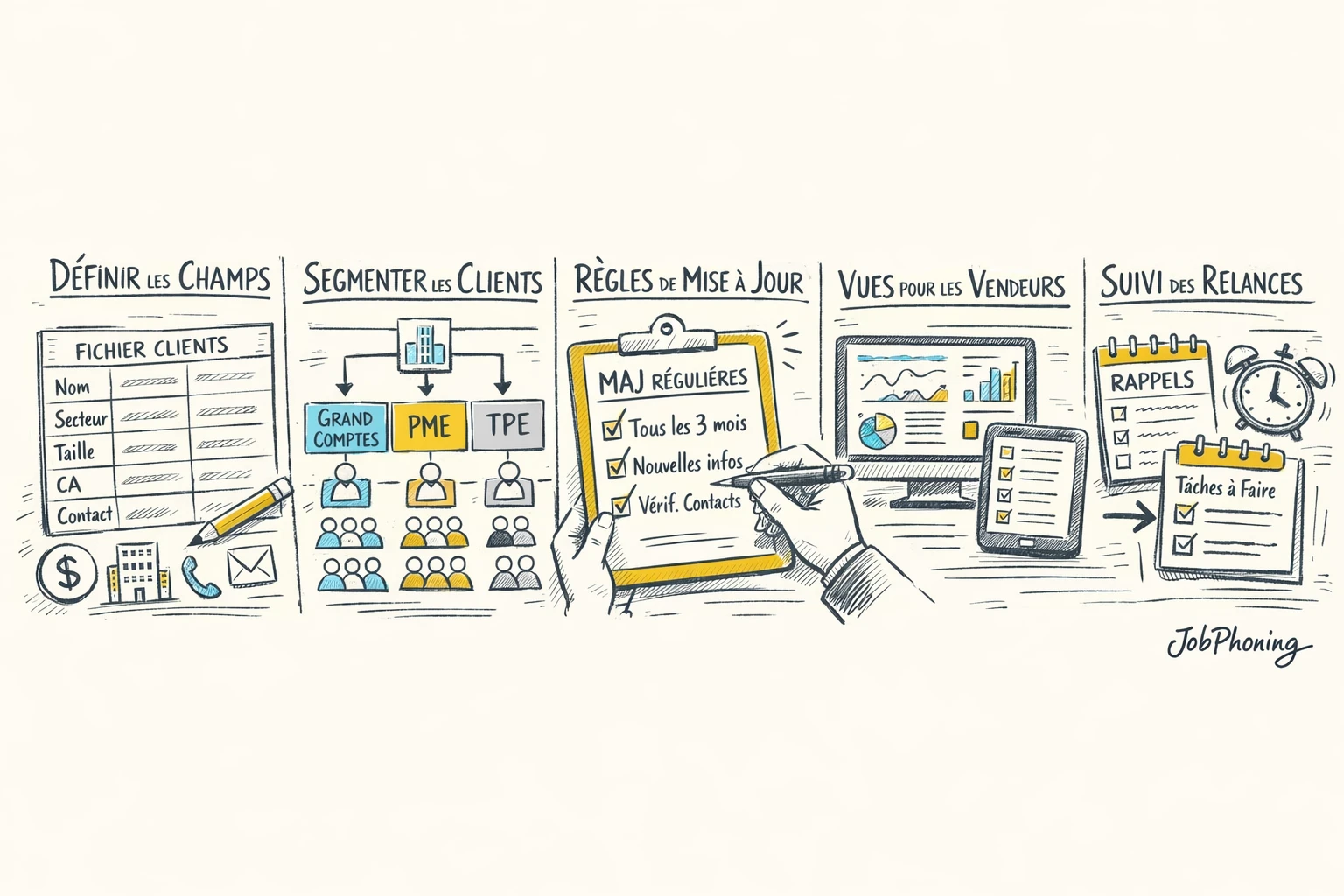Schéma représentant la construction progressive d’un fichier client B2B via blocs reliés et flèches séquentielles