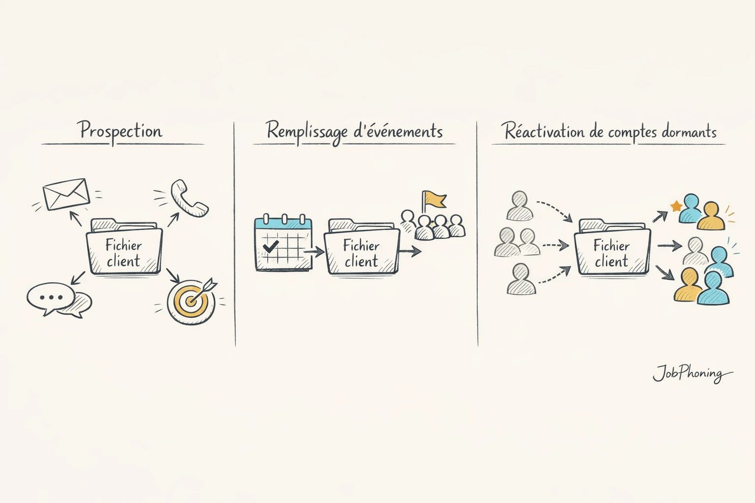 Infographie représentant divers usages d’un fichier client via trois colonnes de blocs géométriques contrastés.