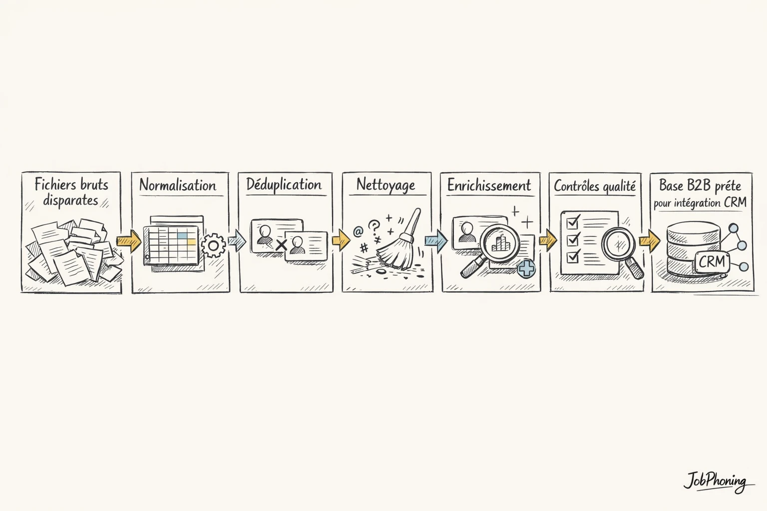 Schéma représentant la préparation des données B2B via blocs séquentiels reliés et flèches abstraites.
