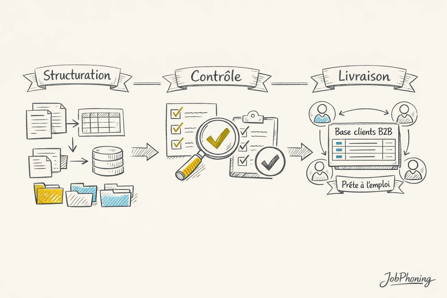 Schéma représentant la création d’un fichier client B2B via rectangles reliés en séquence.