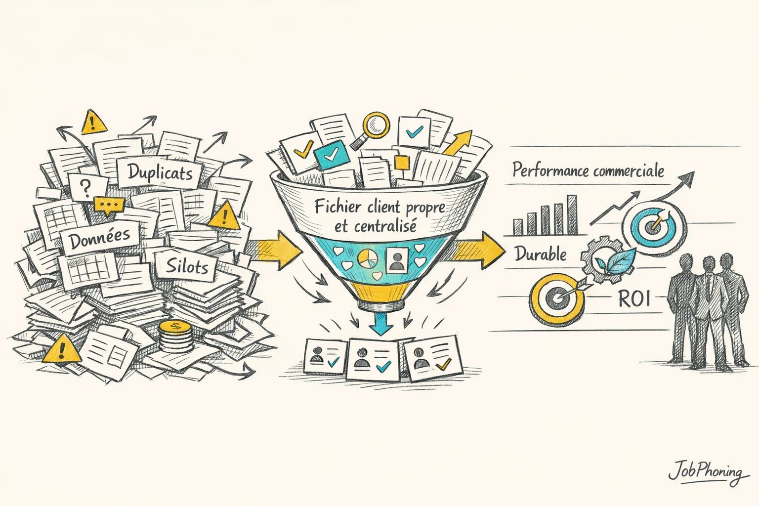 Infographie représentant la qualité du fichier client via bases désordonnées opposées à un flux de