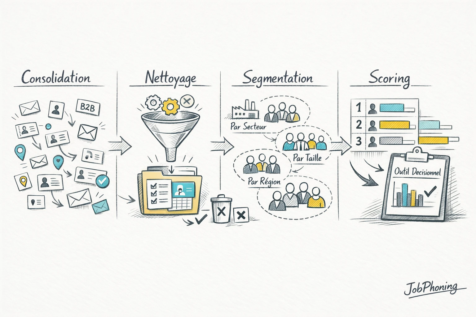 Schéma représentant l’organisation d’un fichier client B2B via flèches, blocs séquentiels et groupes de segments