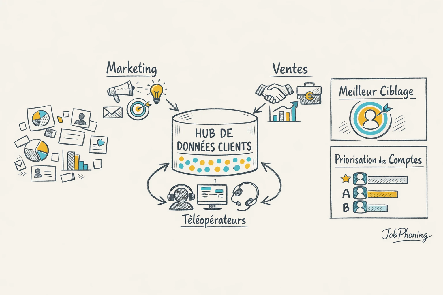 Infographie représentant la structuration de segments clients via base centrale connectée à plusieurs blocs géométriques