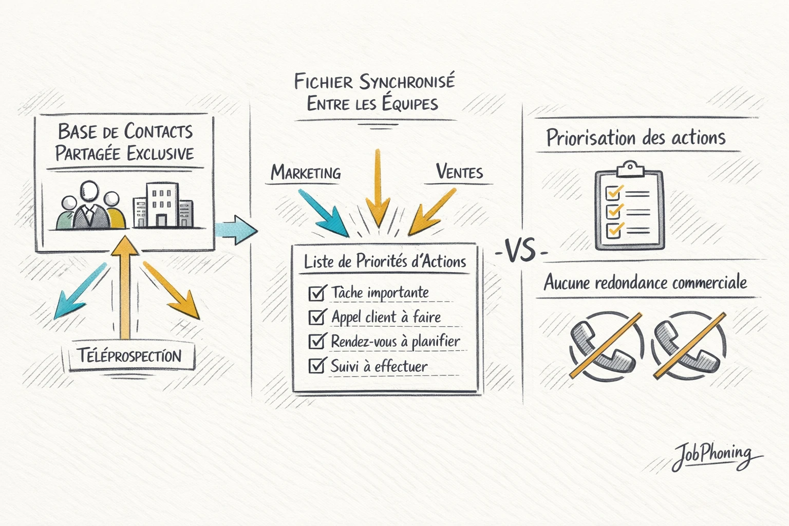 Schéma représentant un référentiel d’interlocuteurs B2B via un noyau central connecté à plusieurs blocs d’équipes.