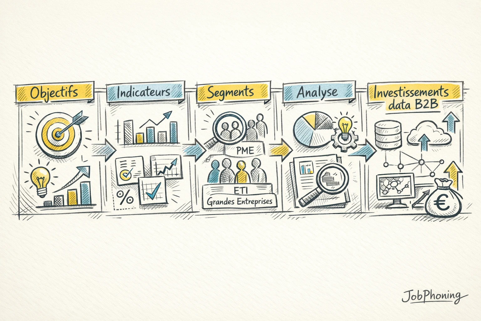 Schéma représentant la mesure structurée d’une base B2B via enchaînement de blocs et flèches.