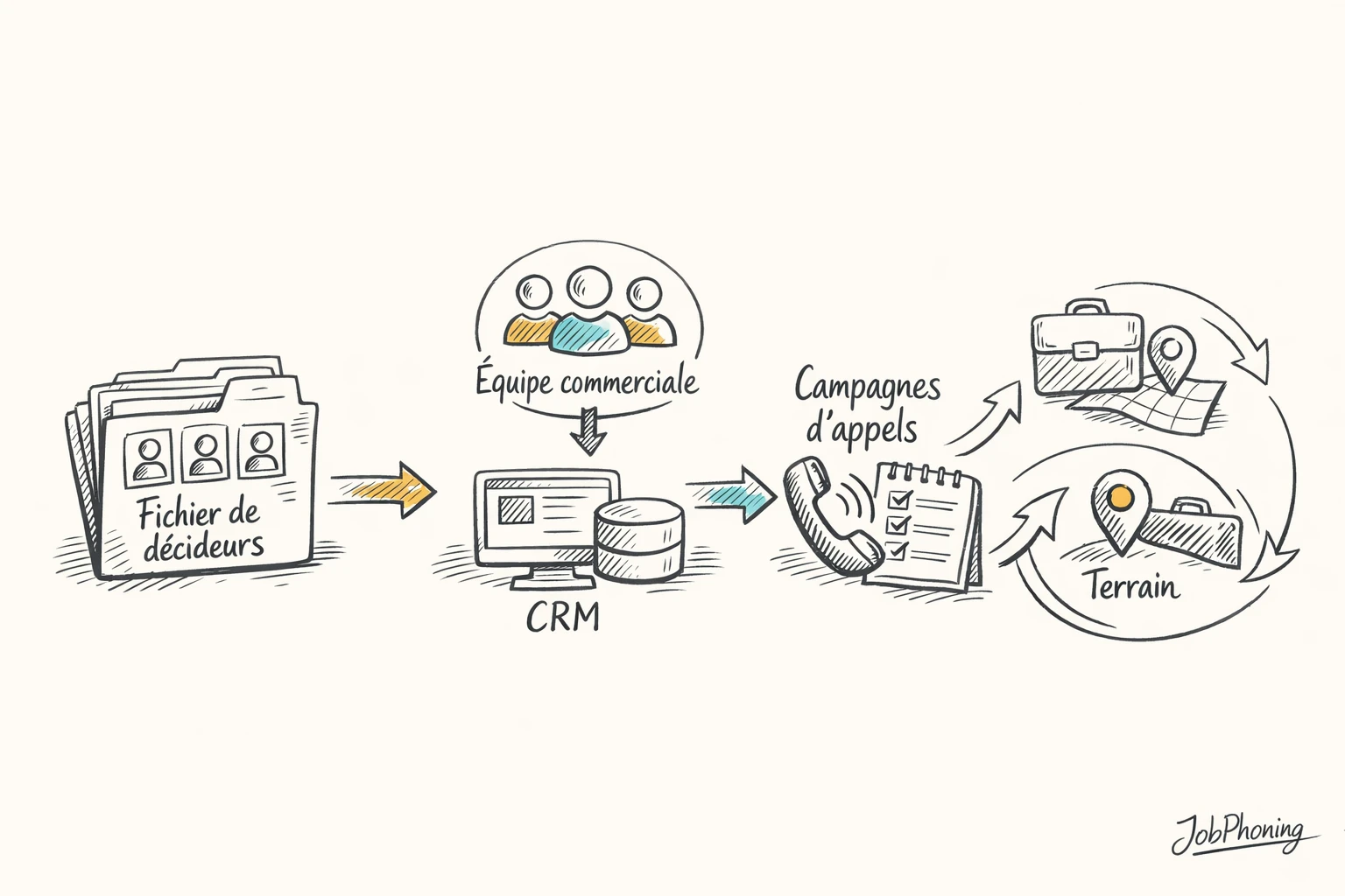 Schéma représentant l’intégration d’un fichier de décideurs via base centrale, blocs d’équipes et flèches de