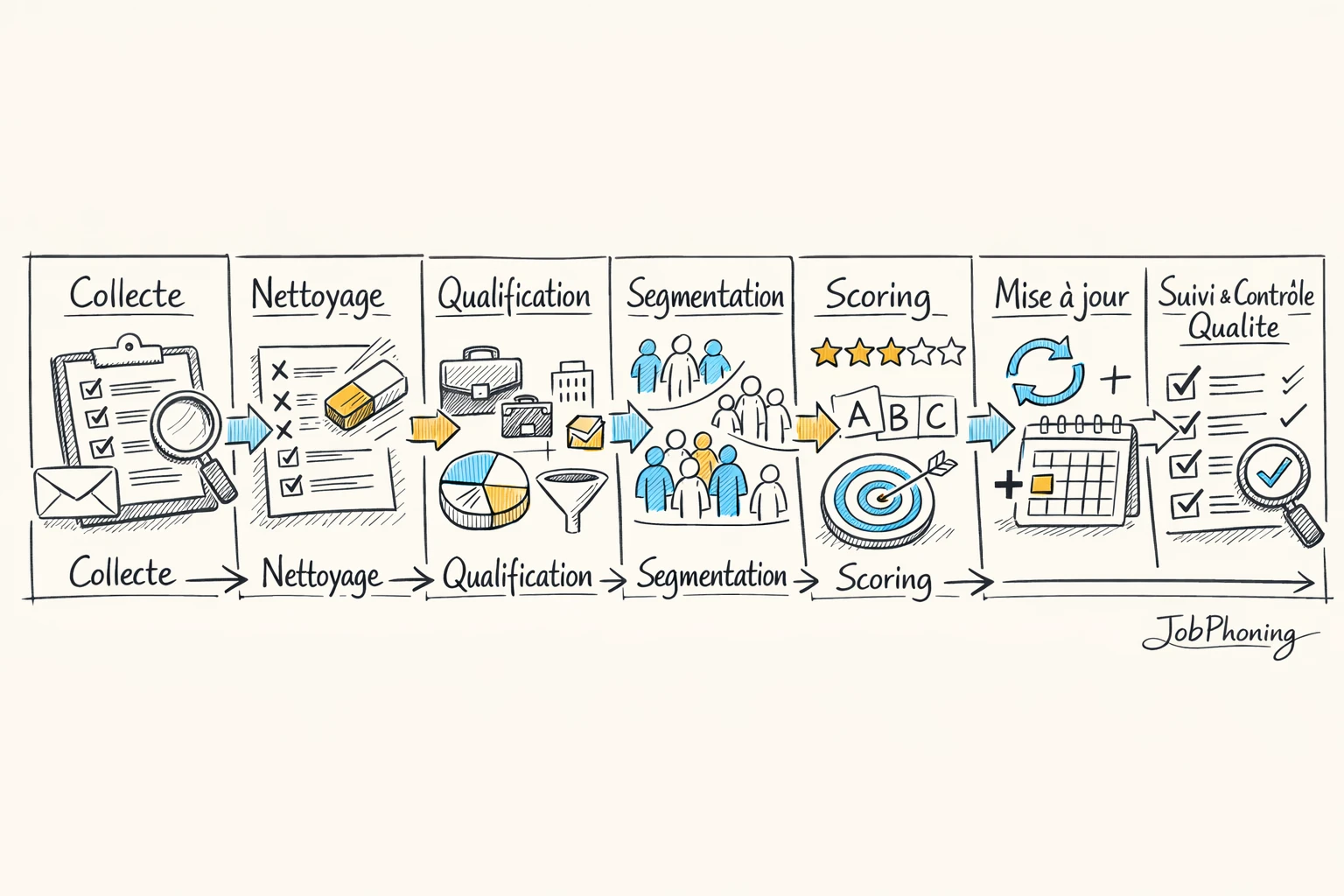 Schéma représentant l’audit d’un fichier de décideurs via un flux d’étapes reliées par des flèches
