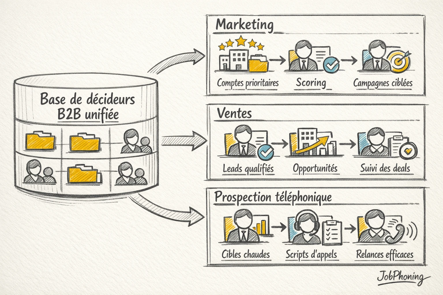 Infographie représentant l’alignement marketing-ventes-prospection via un noyau base de données connecté à trois blocs segmentés.