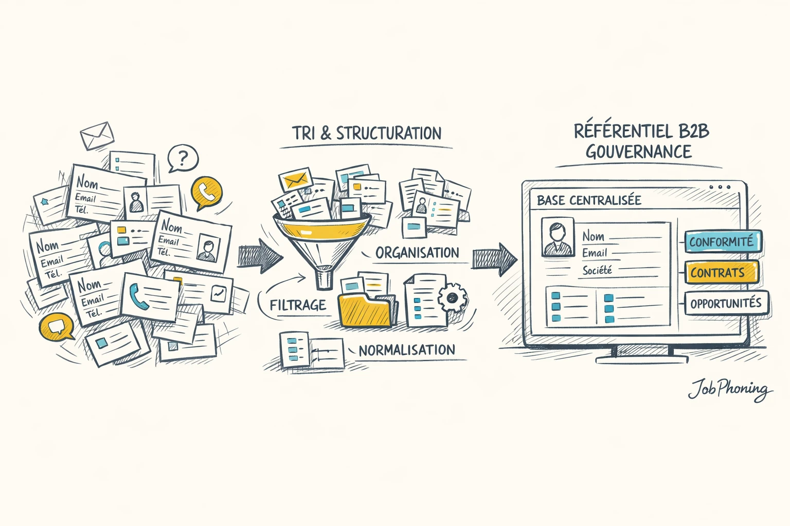 Schéma représentant la structuration d’un fichier décideurs via blocs reliés en séquence